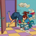 Businesswoman awkwardly slipped and falls, she dropped the books.