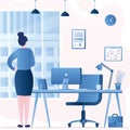 Businesswoman back view or clerk in modern office room. Female manager looks out the window. Office interior with furniture Royalty Free Stock Photo