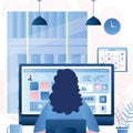 Businesswoman back view sits in front of the monitor screen. Social network chatting and work process Royalty Free Stock Photo