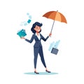 Businesswoman Balancing Workload Under Umbrella, Juggling Responsibilities with Documents and Graphs in Dynamic Royalty Free Stock Photo