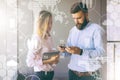 Man showing woman information on smartphone.Girl holding tablet computer.Teamwork. Businesspeople.