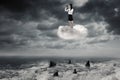 Businesswoman with binoculars on the cloud Royalty Free Stock Photo