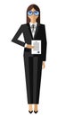 Businesswoman in black suit holds document in hand. Vector flat clipart. isolated