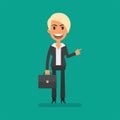Businesswoman blonde holding briefcase and pointing finger at