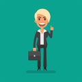 Businesswoman blonde holding briefcase and showing thumbs up