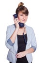 Businesswoman with blue telephone handset. Isolated on white background. Royalty Free Stock Photo