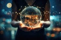 Businesswoman on blurred background holding holographic globe in her hands 3D rendering, Close up of woman hand holding global Royalty Free Stock Photo