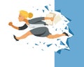 Businesswoman break the wall vector concept of business success and challenge, problems solving brave and strong woman employee