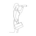 Businesswoman with briefcase and telescope. Strategic in looking for opportunity in business concept. Continuous line drawing. Royalty Free Stock Photo