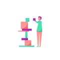 Businesswoman Building Tower of Blocks. Woman Piling Cubes One By One. Lady Making Success Structure From Bricks.