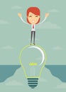 Businesswoman on a bulb cross an abyss. Vector