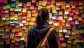 Businesswoman and businessman brainstorming strategy with sticky notes on wall generated by AI