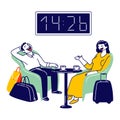 Businesswoman and Businessman Characters Sitting at Airport Business Lounge Wait for Flight