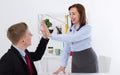 Businesswoman and businessman giving high-five for good job at office background. Banner Business concept. Copy space Royalty Free Stock Photo