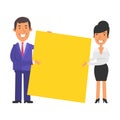 Businesswoman and businessman holding big blank sign and smiling. Vector characters Royalty Free Stock Photo