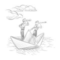 Businesswoman and businessman with telescopes sailing on paper boat. Future career vision and leadership vector doodle