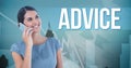 Businesswoman calling with a blue background with advice written