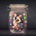 Businesswoman captured in a glass jar with colourful app icons c