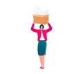 Businesswoman carrying a heavy box of paperwork. Stress at work and deadline concept. Office job overload vector