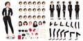 Businesswoman cartoon character in black suit creation set with various views, lip sync and poses kit set vector