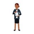 Businesswoman cartoon character in elegant business clothes standing with notepad Illustration