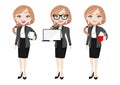 Businesswoman cartoon character, set of three poses. Beautiful business woman in office style clothes vector Royalty Free Stock Photo