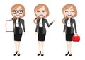Businesswoman cartoon character, set of three poses. Beautiful business woman in office style clothes vector Royalty Free Stock Photo