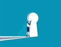 Businesswoman cautious looking out form through large lit up keyhole. Concept business vector illustration