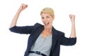 Businesswoman, celebration and fist pump in studio portrait, winner and victory by white background. Female person