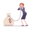 Businesswoman chained with a money sack