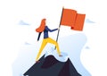 Businesswoman Character Hoisted Red Flag on Mountain Top. Business Woman on Peak of Success. Leadership, Winner Royalty Free Stock Photo