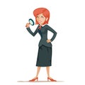 Businesswoman character magnifying glass decision search isolated icon cartoon design vector illustration