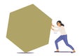 Businesswoman Character Pushing Huge Hexagon Shape. Tired Concentrated Woman Goal Achievement, Leadership, Challenge