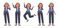 Businesswoman character set. Woman employee of the company greets, points out, jumps happily, looks at the watch