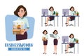 Businesswoman character vector set. Business woman characters office female employee in sitting in office desk holding documents.