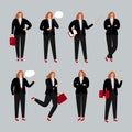 Businesswoman character. Young female professional vector illustration, business woman standing, calling by phone and Royalty Free Stock Photo