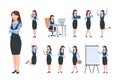 Businesswoman characters. Office professional woman, female in different poses of business activity. Flat cartoon