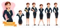 Businesswoman characters vector set. Business woman character in standing, thinking and kneeling pose and gestures for female.