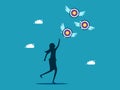 Businesswoman chasing a target that flies away from him. Failed goals and finding goals. business concept