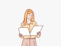 businesswoman checking financial papers while standing in office simple korean style illustration