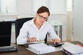 Businesswoman Checking Invoice With Magnifying Glass Royalty Free Stock Photo