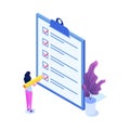 Businesswoman checklist concept. Checking business task success, questionnaire checkbox. Vector isometric