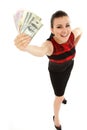 Businesswoman cheerful holding cash isolated on white