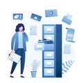 Businesswoman or clerk and large database. Hosting system and service. Open drawer with folders