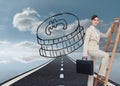 Businesswoman climbing career ladder with briefcase and looking at camera Royalty Free Stock Photo