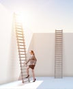 Businesswoman climbing a ladder to escape from problems