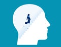 Businesswoman climbing stairs inside human head. Concept business vector illustration.