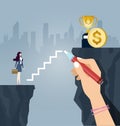 The businesswoman climbs the stairs drawn by a large hand. - Business concept vector Royalty Free Stock Photo