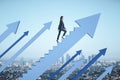 Businesswoman climbs stairs in form arrow on city background Royalty Free Stock Photo