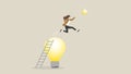 A businesswoman climbs up ladder and jumps from light bulb to grab a star